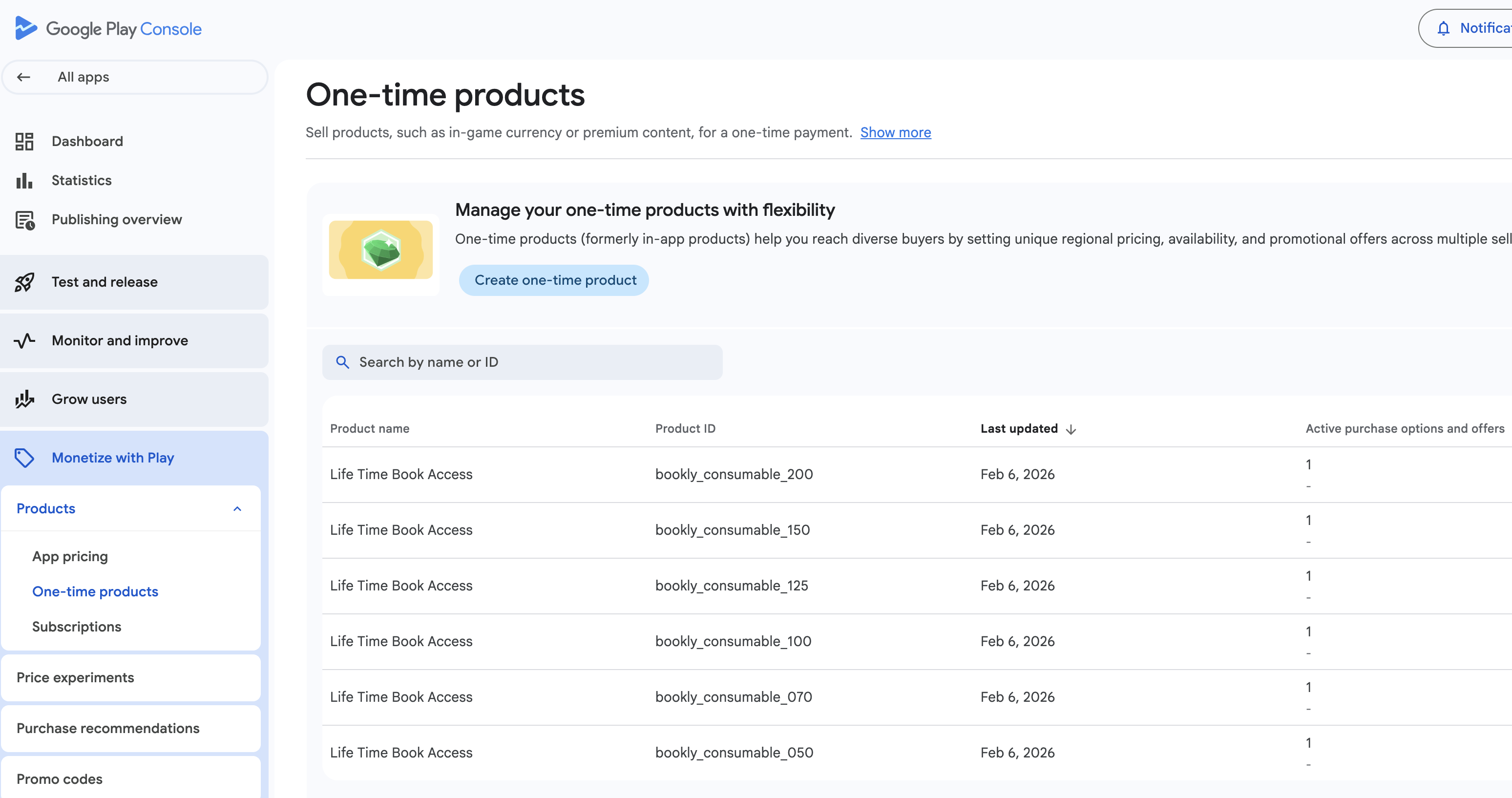 Google Play Console One-Time Product