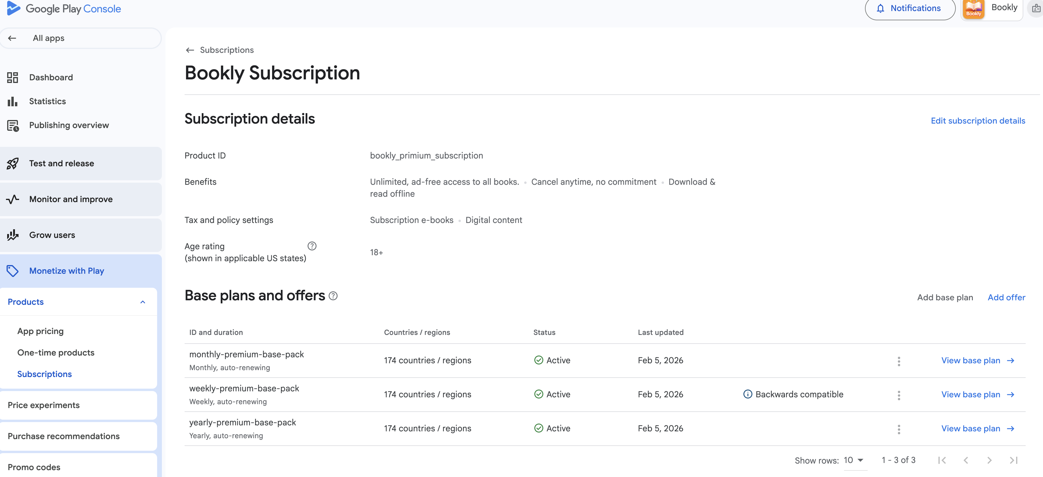 Google Play Console Subscription Product